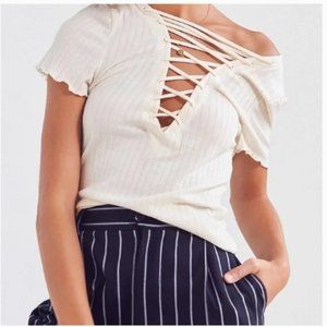 Urban Outfitters Y2K BabyTee Lace Up Ribbed Top in Ivory NWOT Size Sm